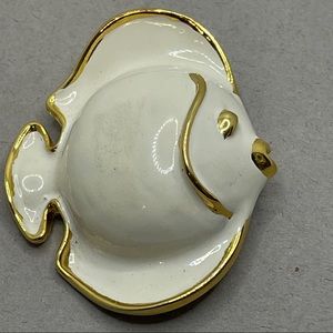Vintage Signed VENDOME Brooch Fish White Enamel Gold Plated Figural Pin
